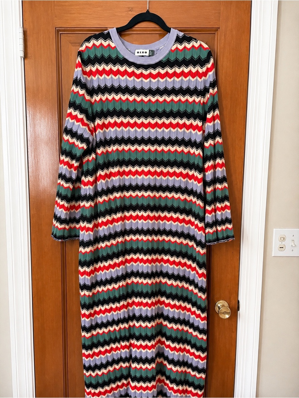 RIXO Like New Multicolor Zigzag Knit Midi Dress in Red, Green & Lavender